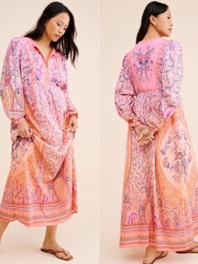 Farm Rio Mystical Winter Print Maxi Dress Long Sleeves Floral Cotton Boho Pink S